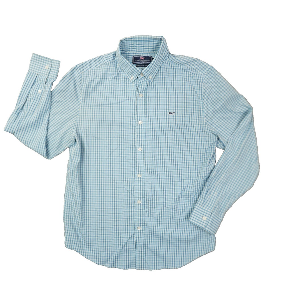 Vinyeard Vines Slim Fit Whale Shirt Men's Large Aqua‎ Blue Plaid Performance